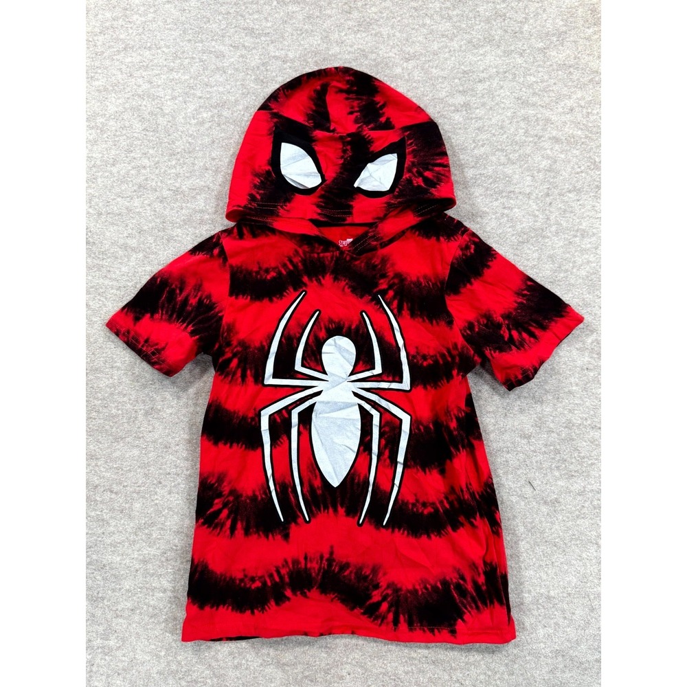 Marvel Spiderman Hooded Shirt Boys 8 Red Black Graphic Print Cotton Short Sleeve